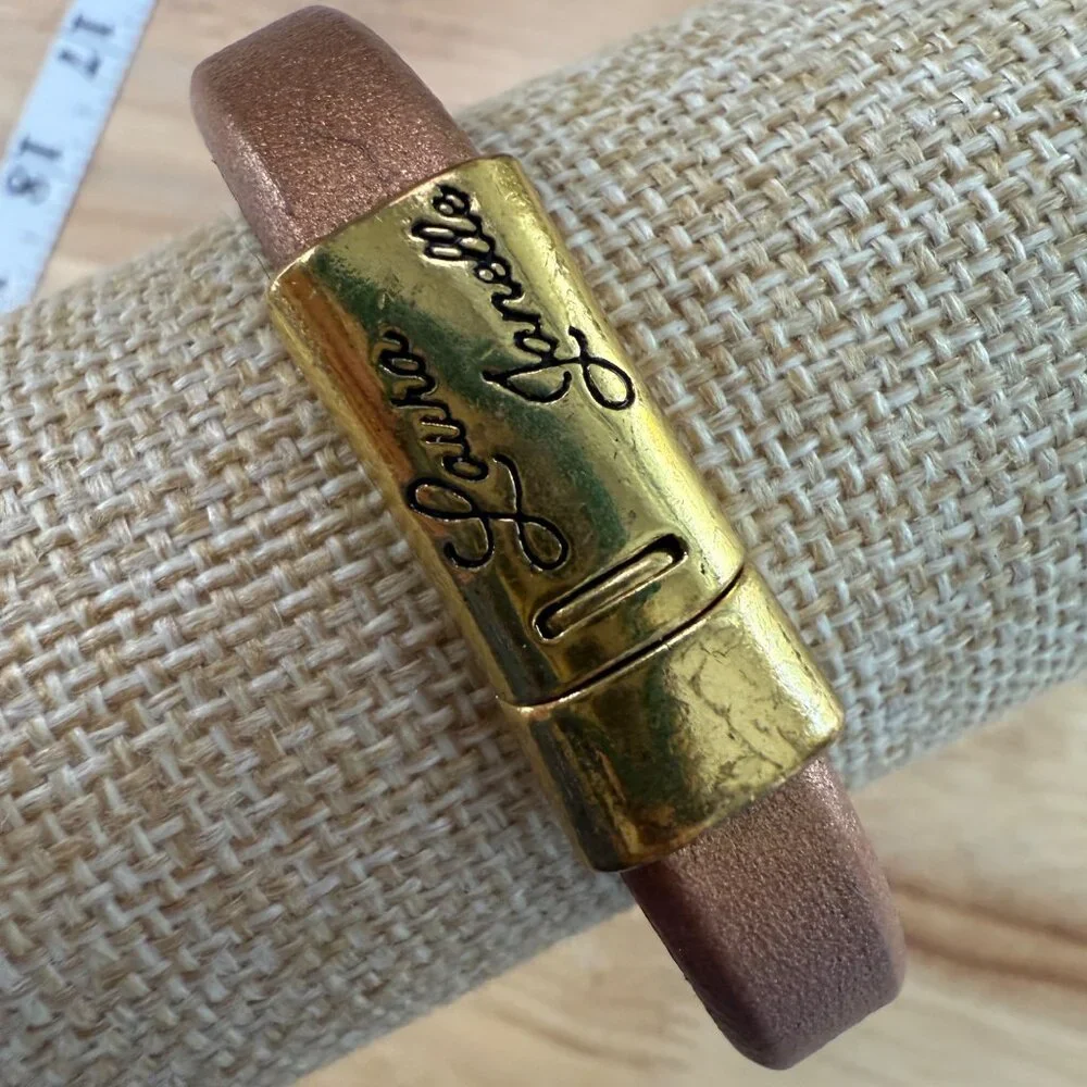 Laura Janelle Brown Leather Bracelet W/ Green Gemstone & Rhinestone Accents Gold - Picture 9 of 11